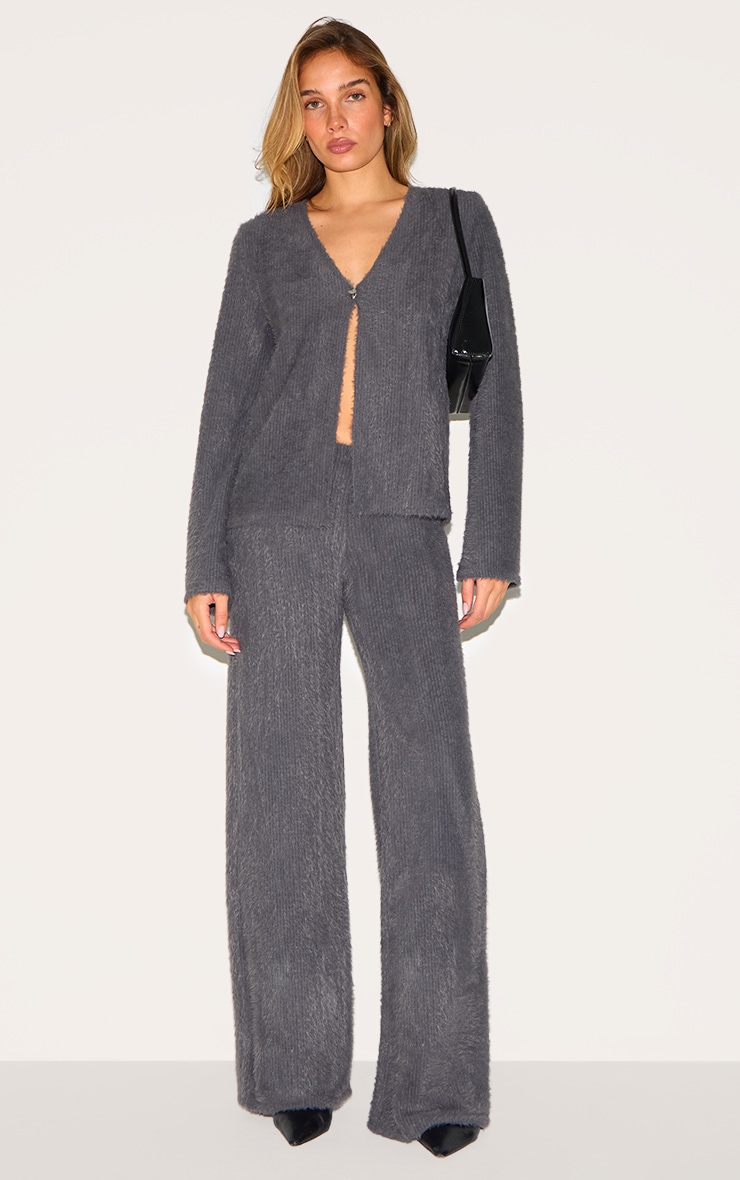 Charcoal Textured V Neck Button Cardigan image 3