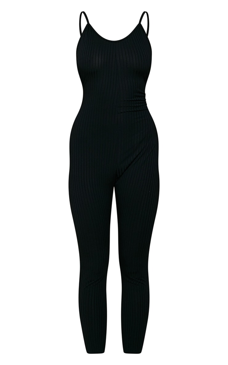 Black Wide Rib Backless Strap Detail Jumpsuit image 5