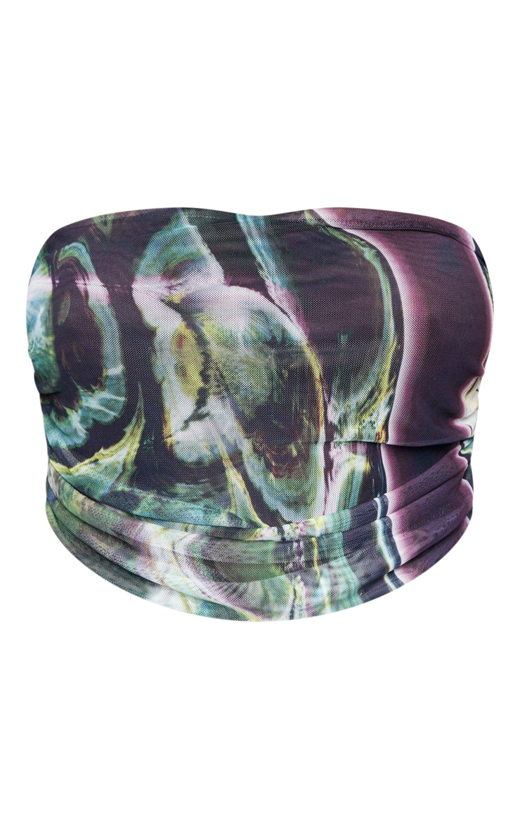 Shape Green Printed Mesh Ruched Bandeau Crop Top image 5