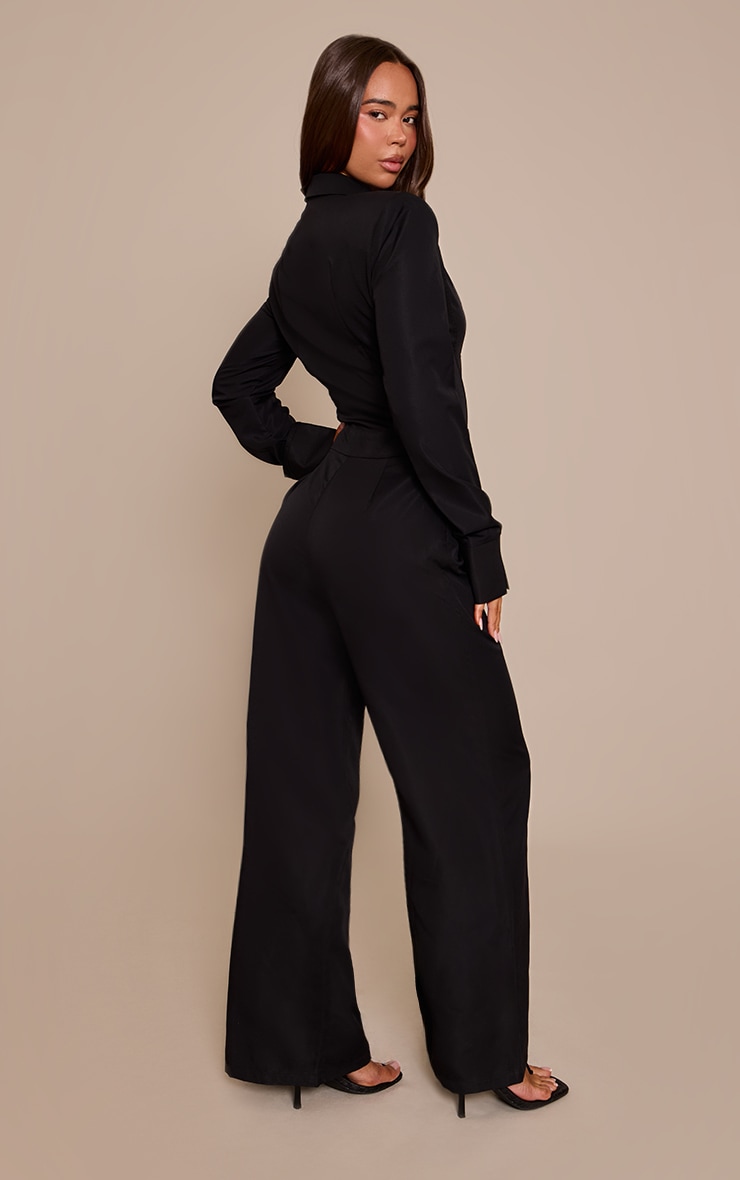 Black Woven Button Detail Long Sleeve Jumpsuit image 2