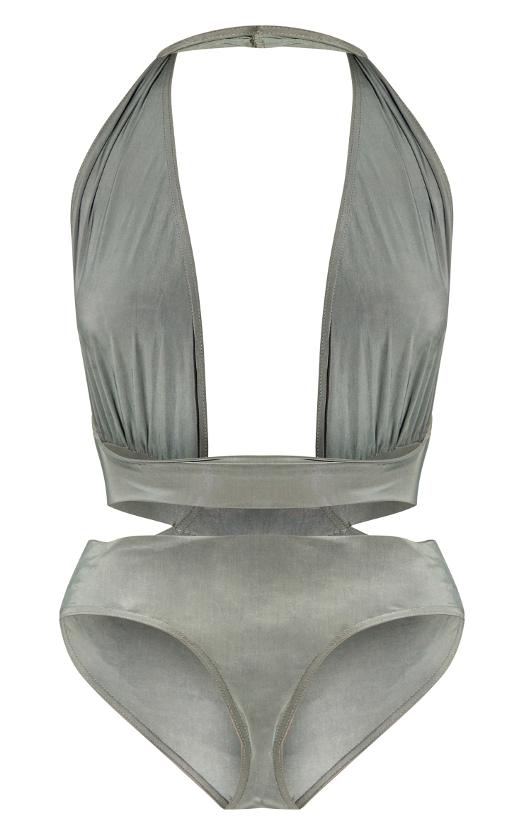 Khaki Slinky Plunge Cut Out Waist Bodysuit image 6