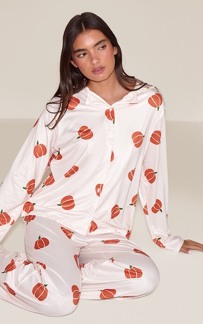 Cream Pumpkin Printed Long Sleeve Button Through PJ Set