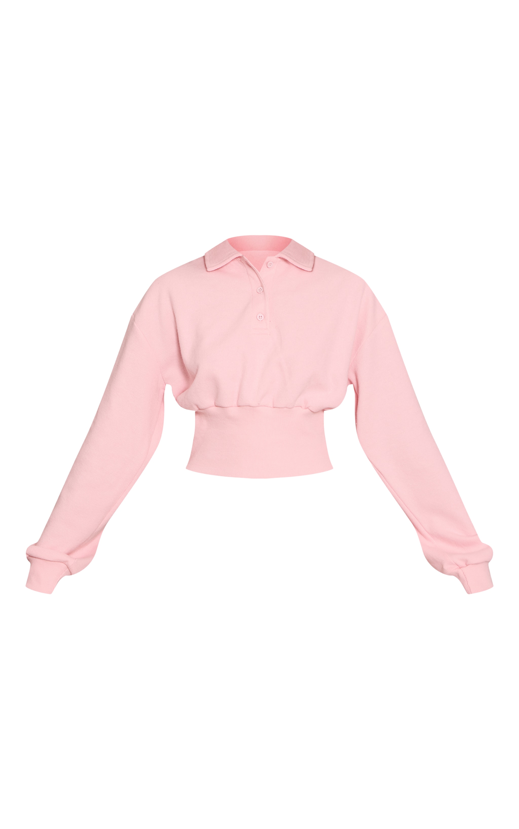 Baby Pink Brushed Rib Cinched Waist Balloon Sleeve Polo Top image 5