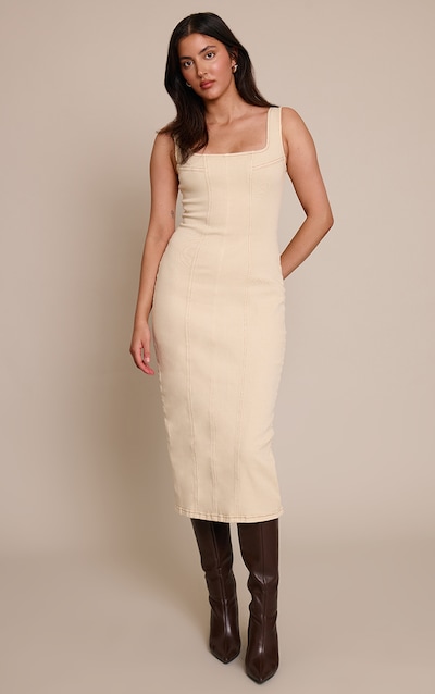 Robe longue moulante en jean gris pierre à coutures structurantes