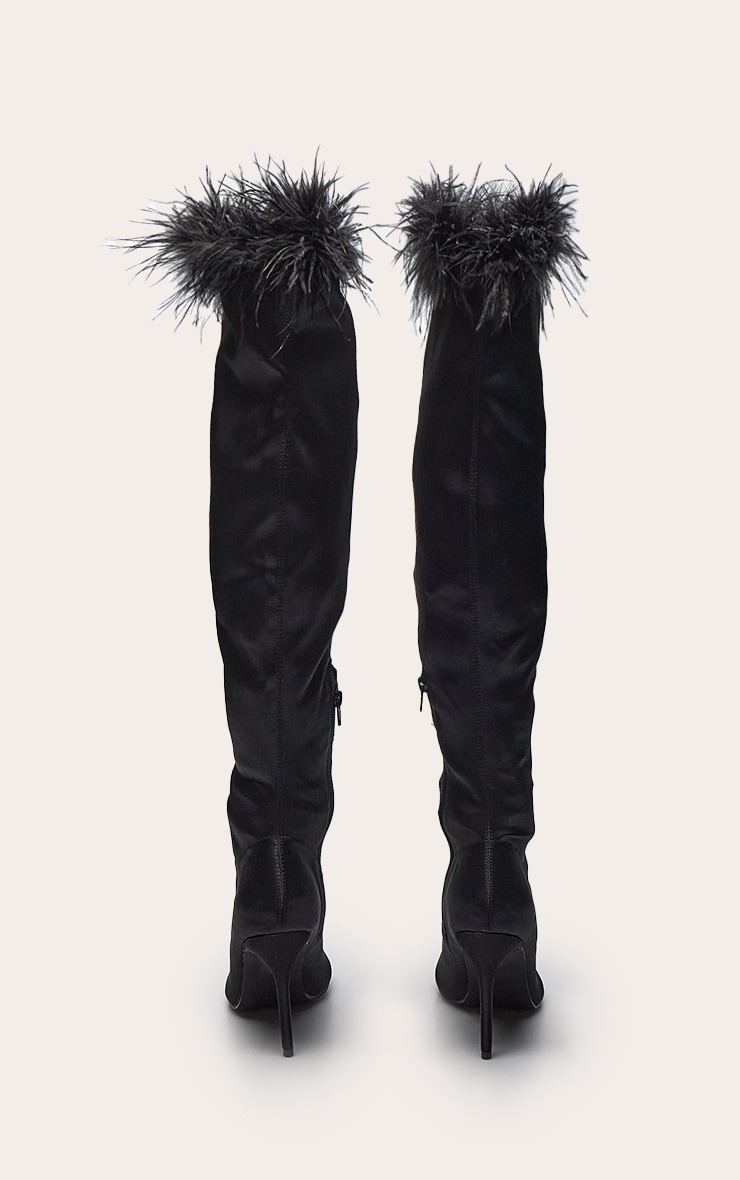 Black Satin Feather Trim Heeled Knee High Boot image 4