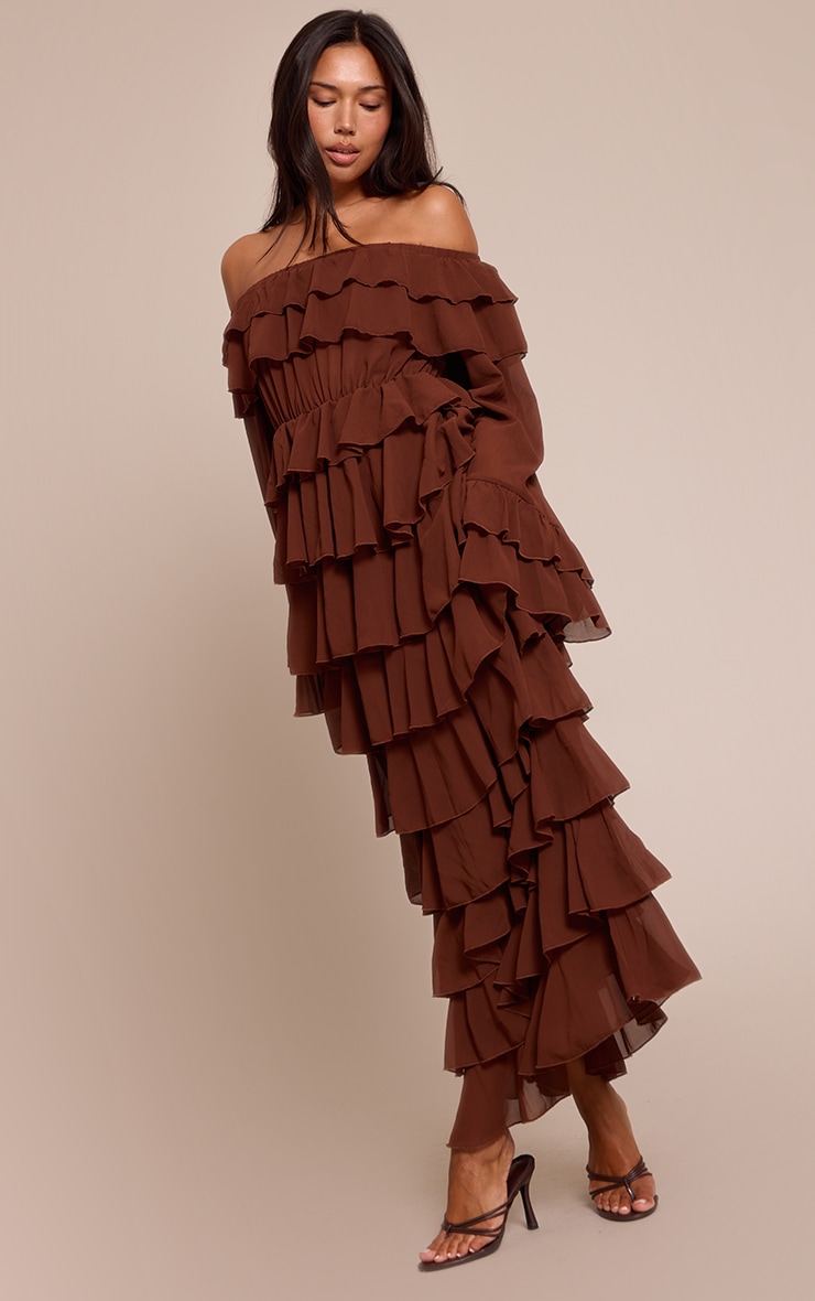Chocolate Chiffon Bardot Extreme Frill Maxi Dress image 3