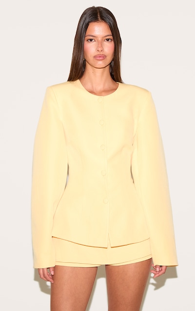Lemon Woven Cinched Waist Cocoon Sleeve Button Up Blazer