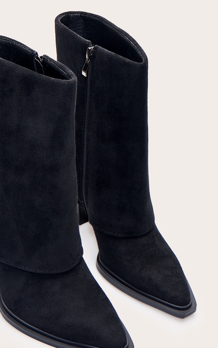 Black Faux Suede Zip Up Heeled Ankle Cowboy Boot image 5