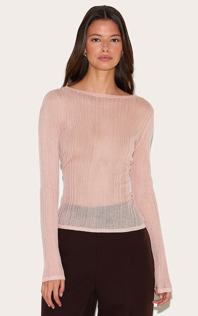 Pink Sheer Knit Long Sleeve Boat Neck Top