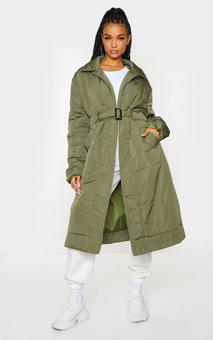Image of Khaki Belt Through Maxi Puffer Jacket, Green