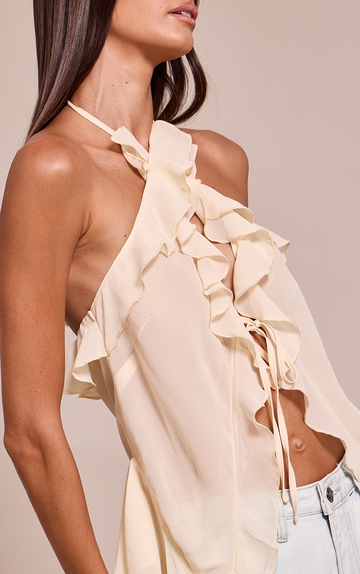 Cream Chiffon Ruffle Drape Detail Longline Top image 4