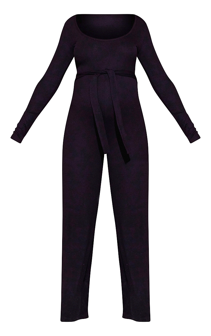 Maternity Black Soft Rib Tie Waist Jumpsuit image 5