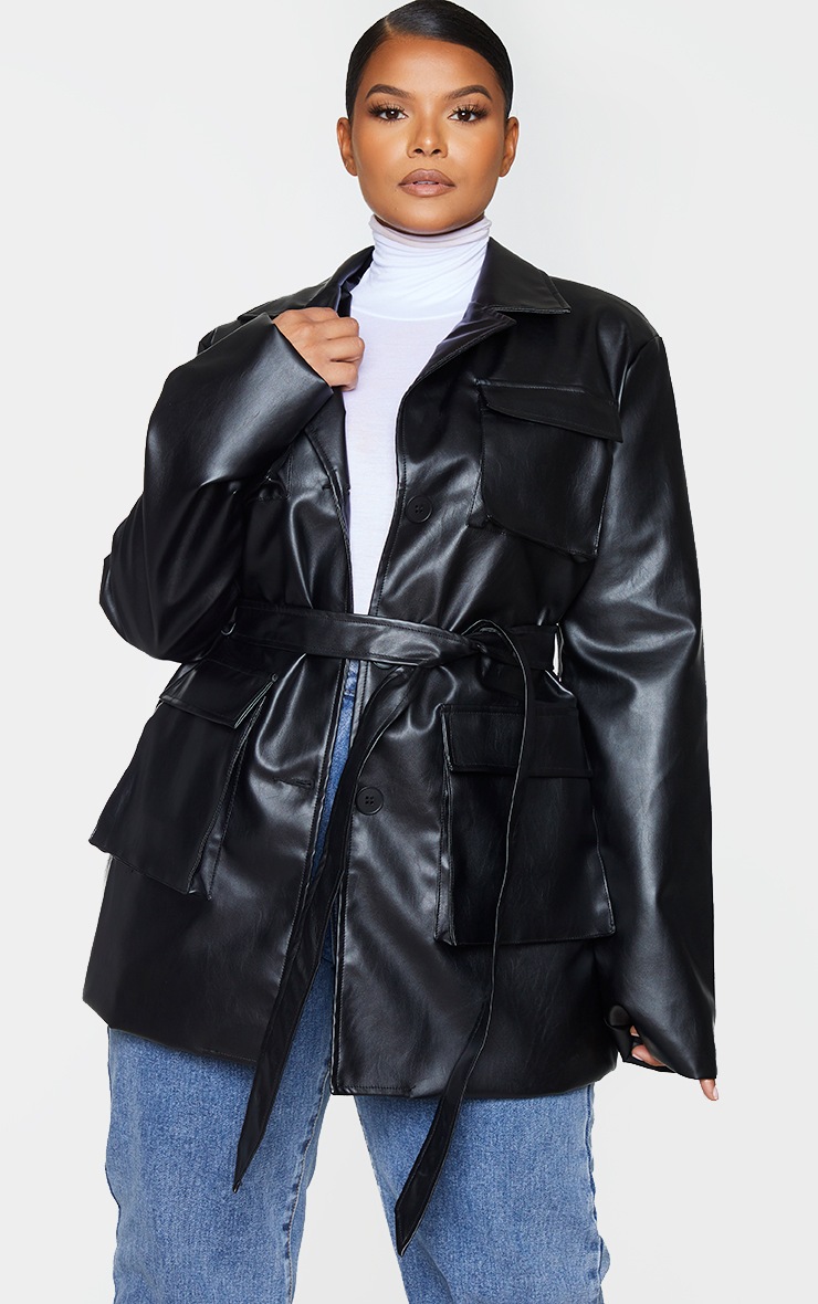 Plus Black PU Longline Pocket Front Jacket