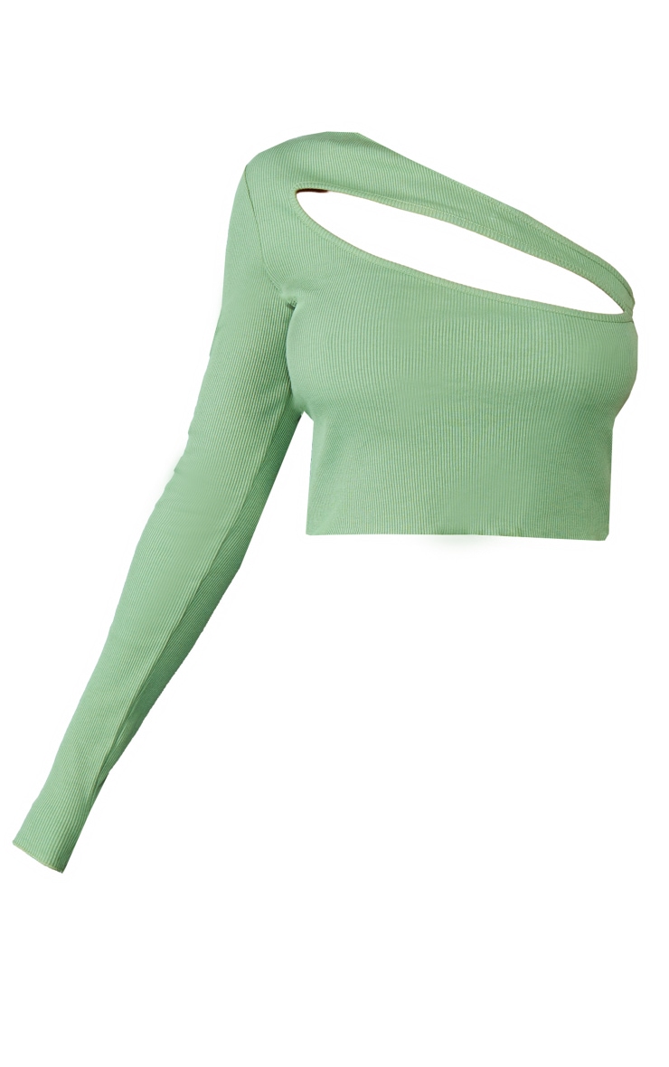 Green Rib Cut Out One Shoulder Lettuce Hem Top image 5