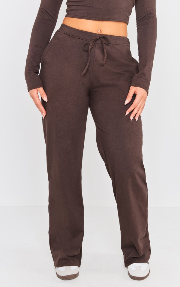 Coffee Cotton Jersey Wide Leg Trousers PrettyLittleThing