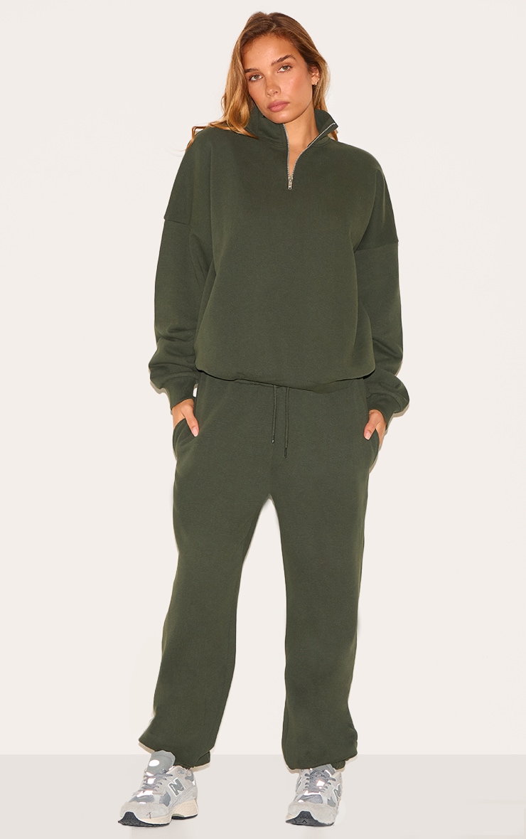 Khaki Premium High Neck Quarter Zip Oversized Sweatshirt image 3