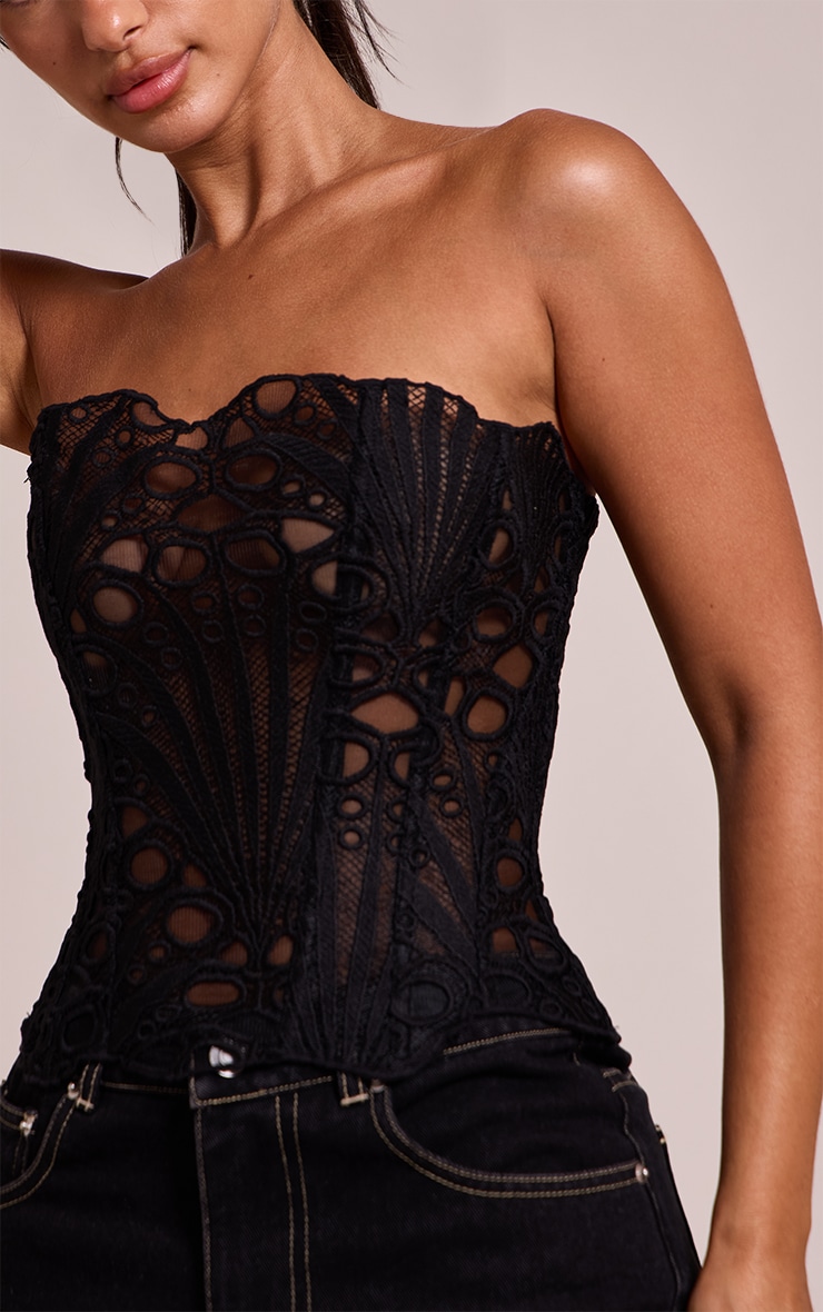 Petite Black Textured Sheer Floral Lace Corset image 4
