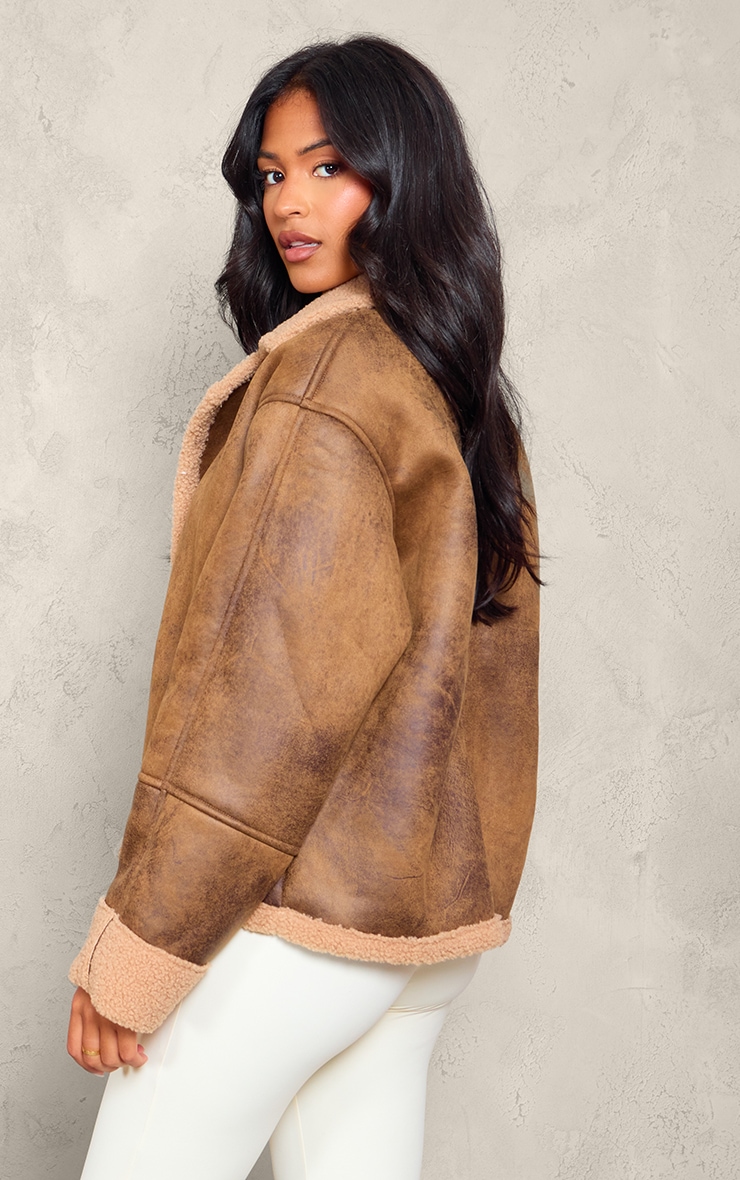 Tall Brown Distressed Look Faux Leather Borg Lined Aviator Jacket image 2