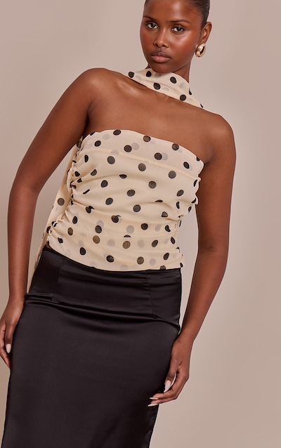Cream Polka Dot Print Chiffon Bandeau Scarf Detail Top
