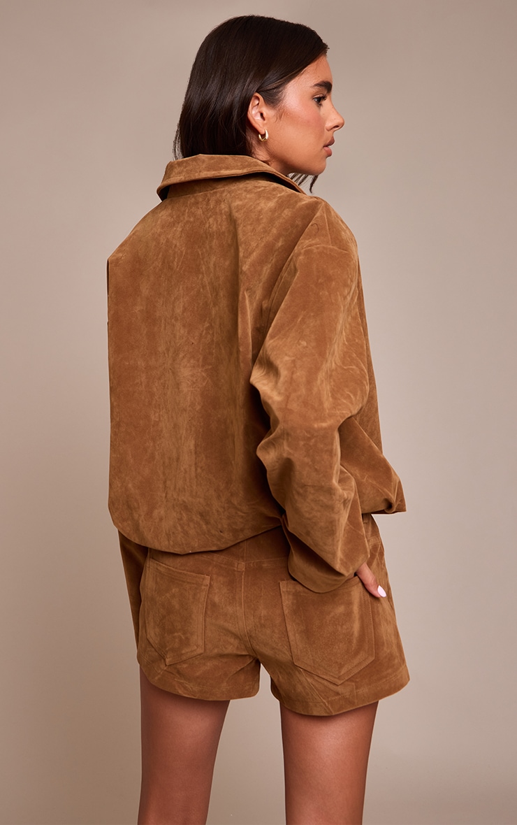 Tan Suede Zip Up Pleated Cropped Jacket image 2
