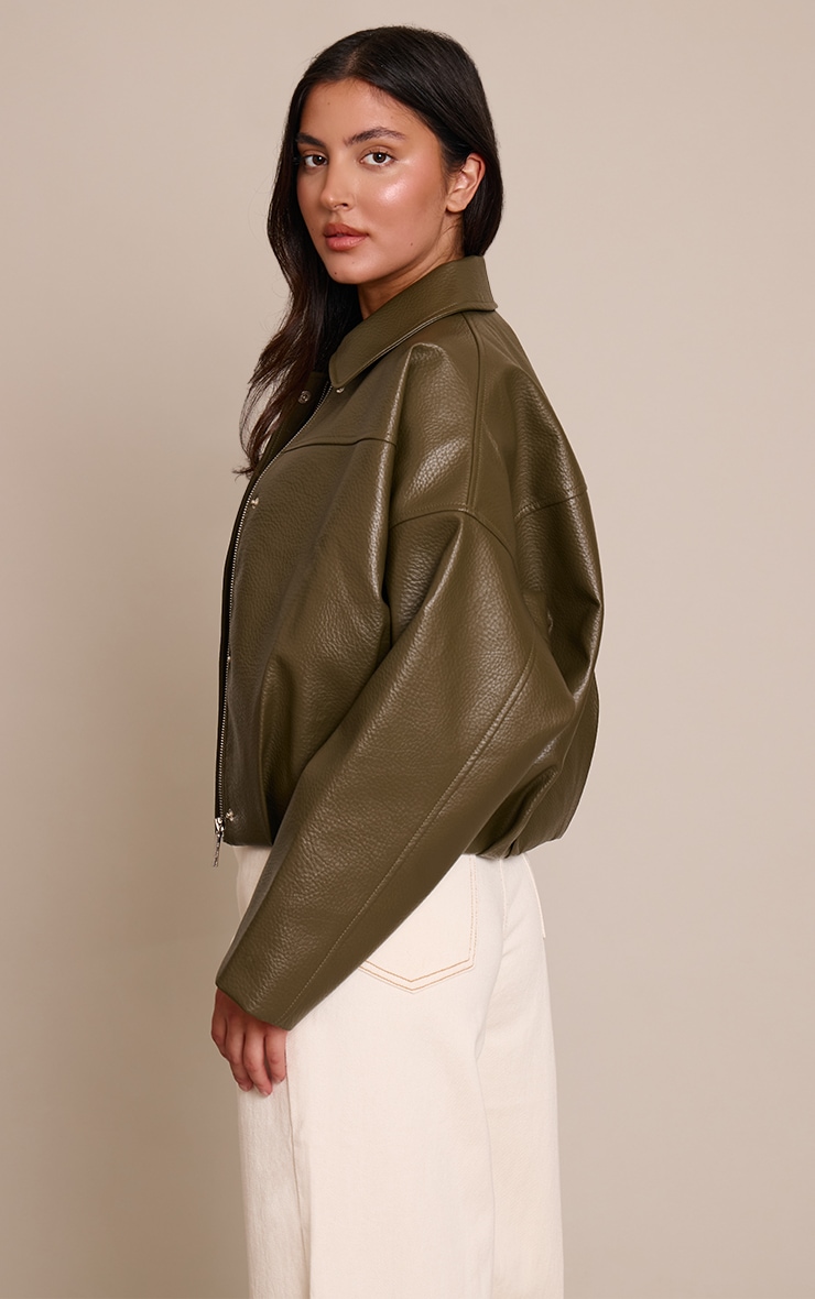 Khaki Faux Leather Covered Placket Bomber Jacket image 2