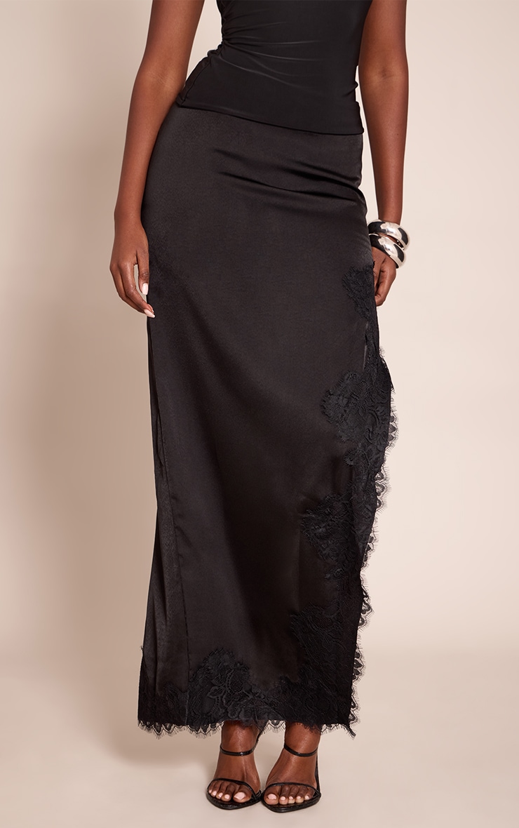 Black Satin Lace Side Split Maxi Skirt image 2