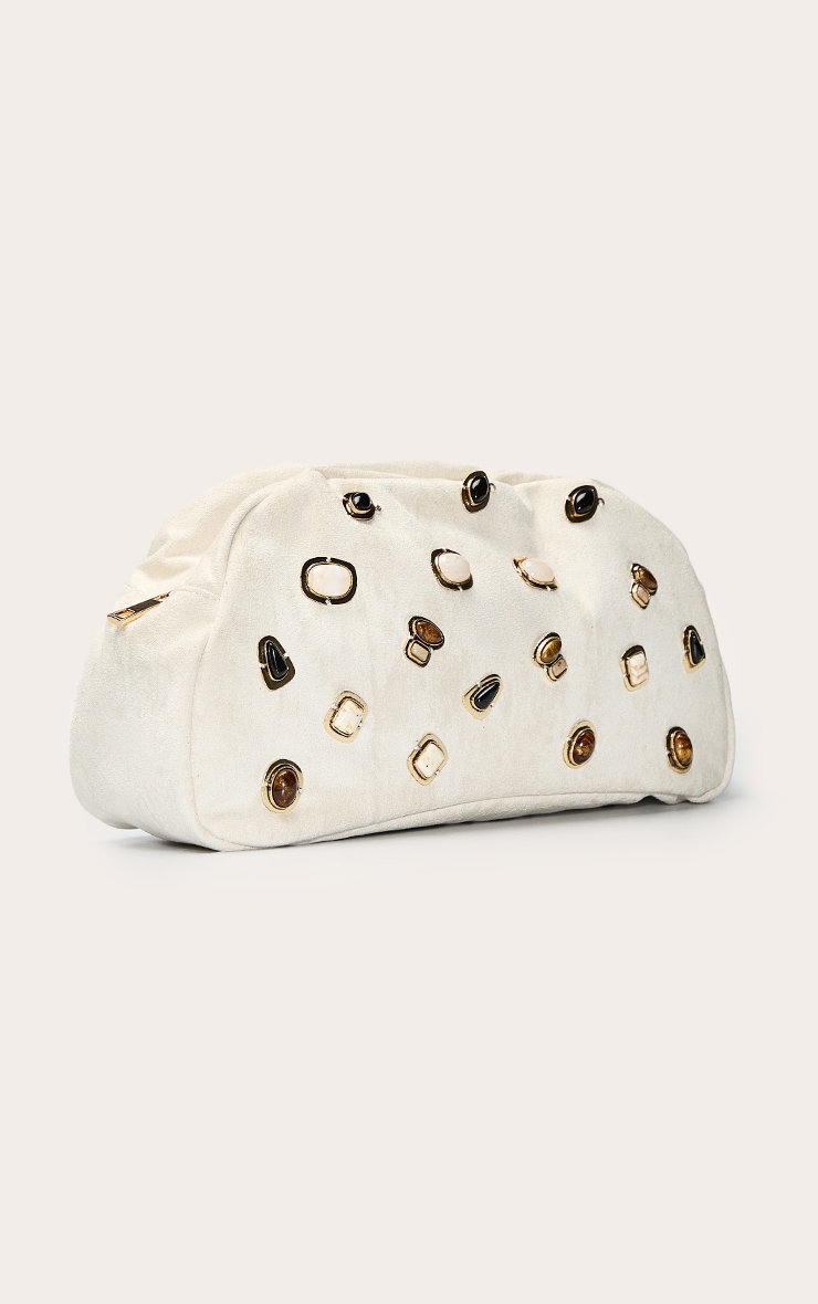 Cream Faux Suede Dome Stud Clutch Bag image 3