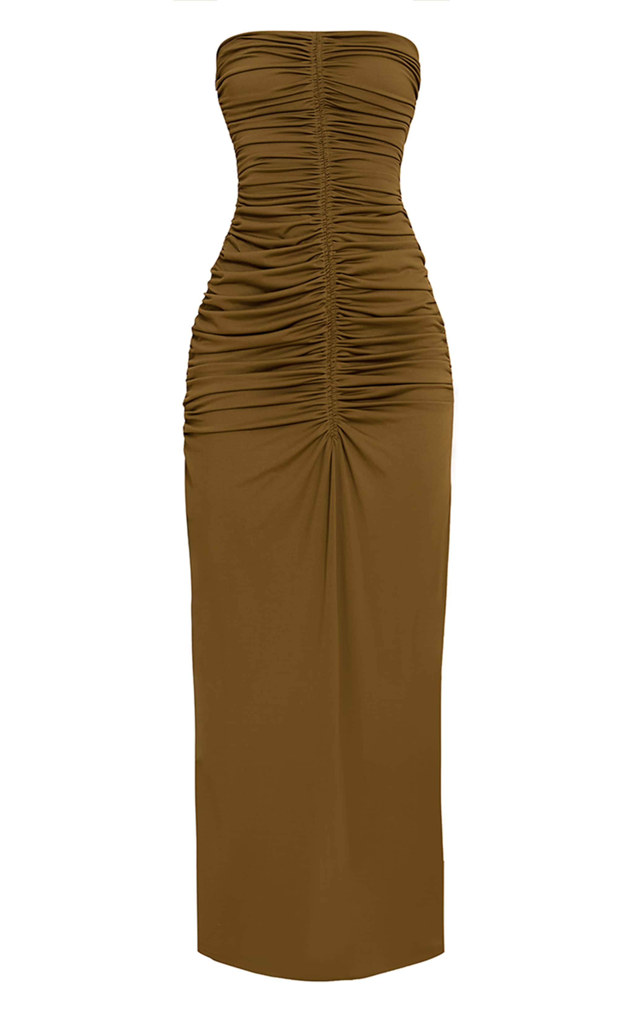 PLT Label Golden Olive Slinky Ruched Bandeau Fishtail Maxi Dress image 6