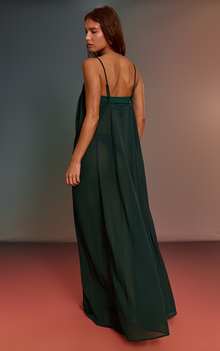 Emerald Green Ruched Plunge Chiffon Maxi Beach Dress image 2