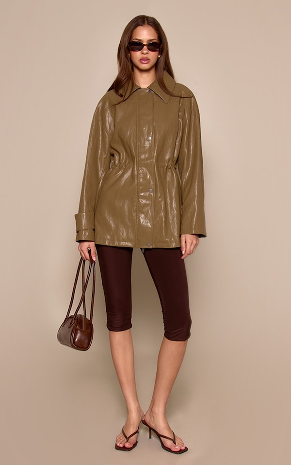 Olive Textured High Shine PU Cinch Jacket