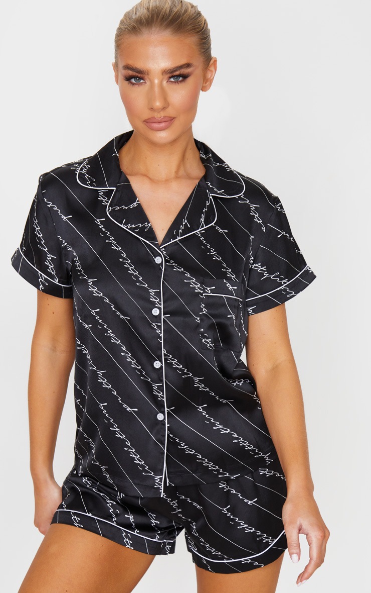 PRETTYLITTLETHING Black Satin Handwritten Short PJ Set