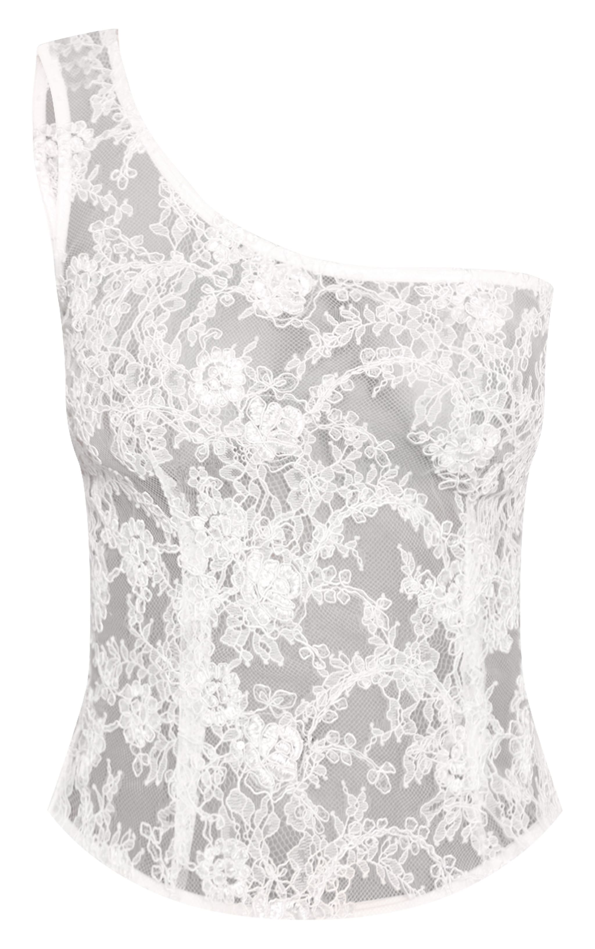 Petite Top asymétrique en dentelle crème à épaule unique image 5