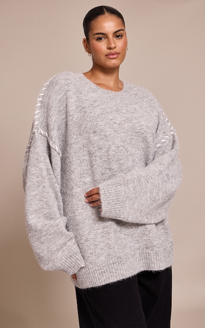 Plus Grey Blanket Stitch Knit Jumper