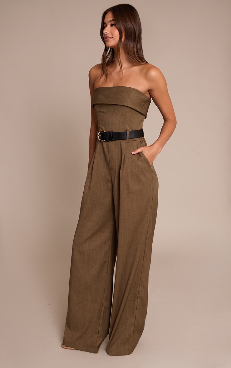 Khaki Woven Bandeau Belted Wide Leg Jumpsuit image 3