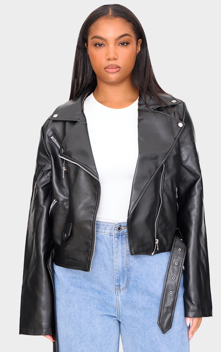 Plus Black Faux Leather Zip Detail Biker Jacket image 1