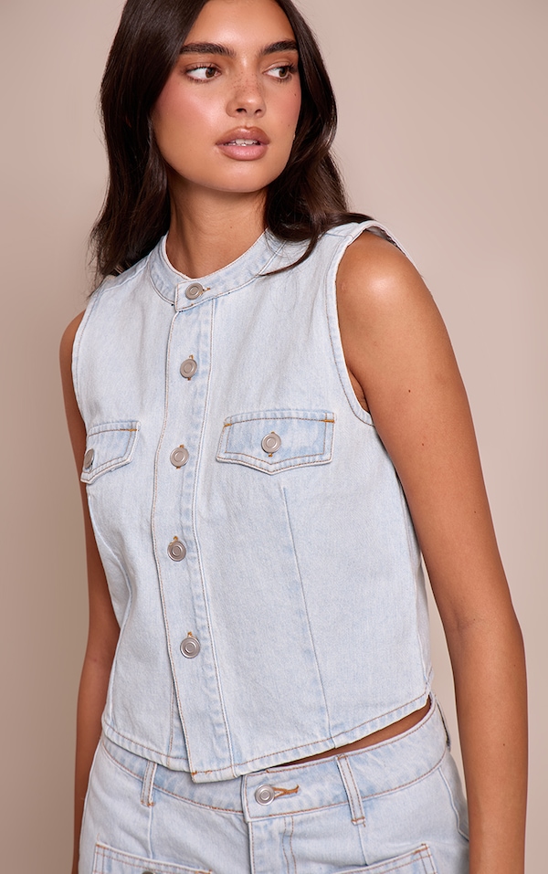  Light Blue Round Neck Cinch Waist Denim Vest