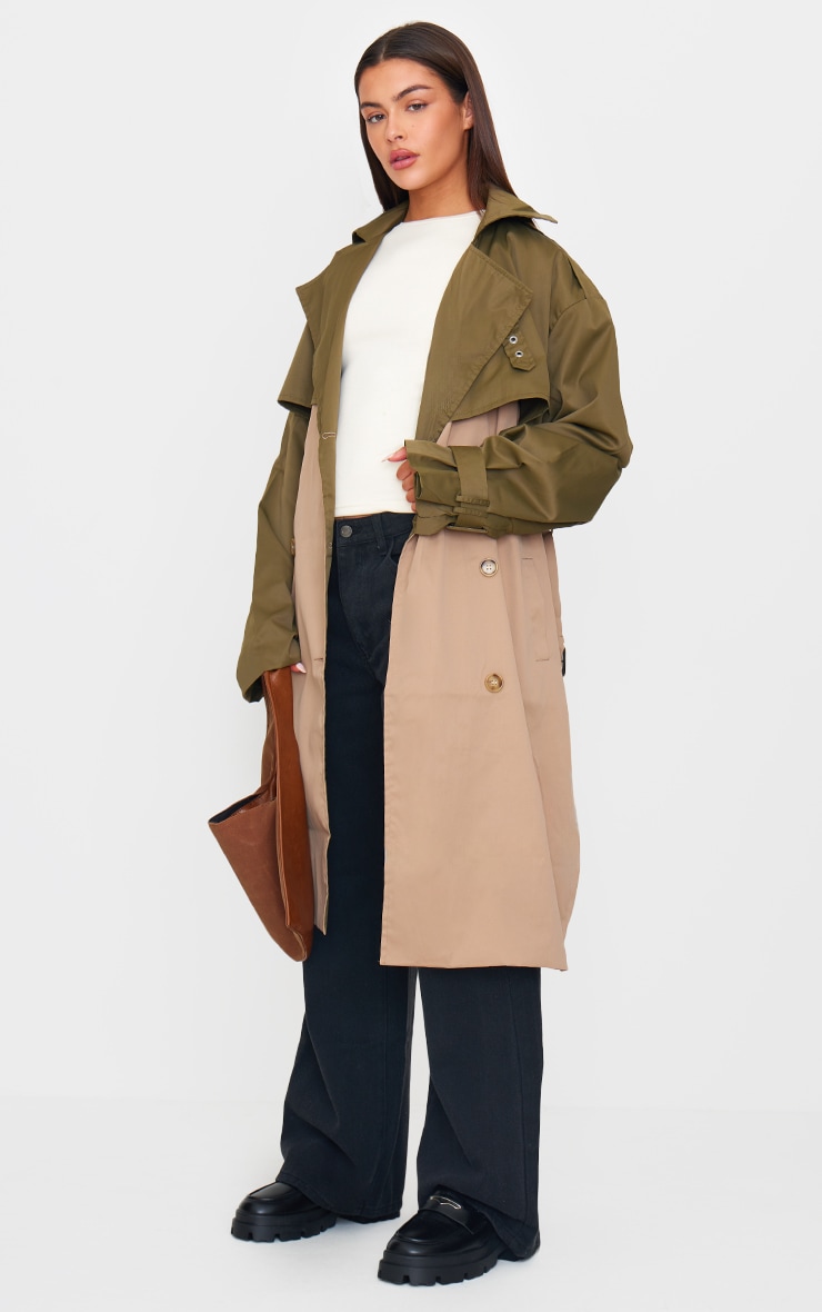 Khaki Contrast Oversized Belted Midi Trench Coat image 3