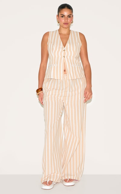 Plus Beige Striped Drawstring Wide Pants