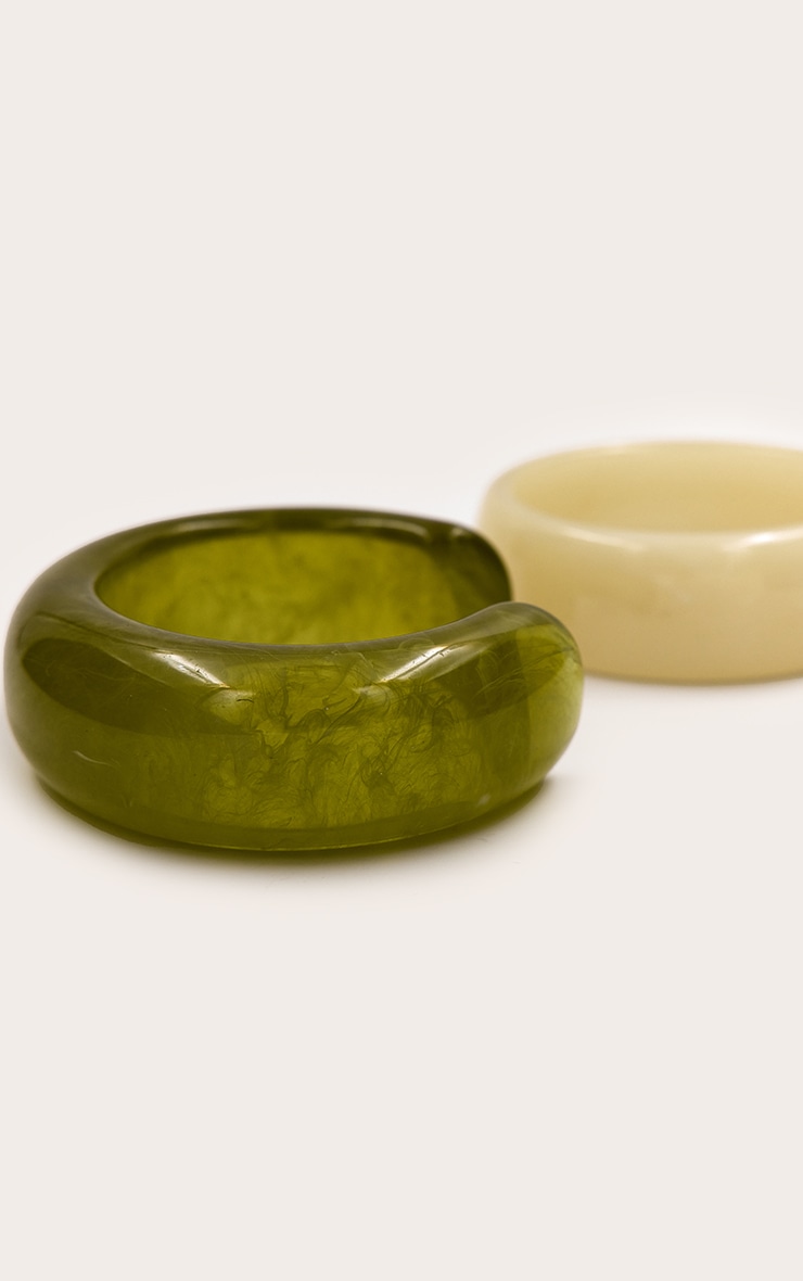Bracelet manchette en résine vert jade et bracelet jonc en résine crème image 3