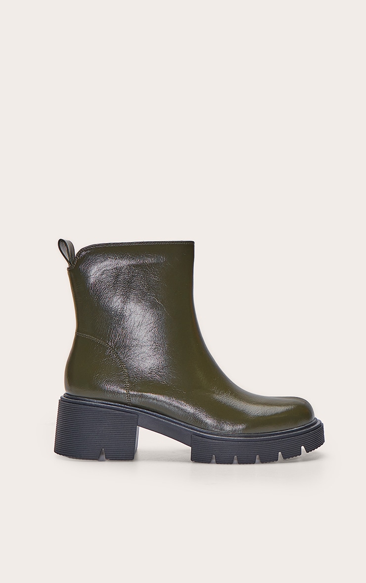 Olive Crinkle Chunky Cleated Sole Dipped Ankle Boot image 2
