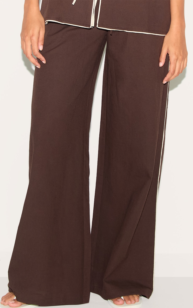 Dark Brown Linen Look Contrast Wide Leg Pants image 4
