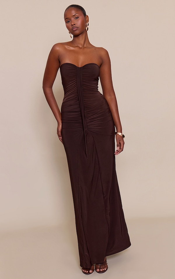 Chocolate Ruched Drape Detail Slinky Maxi Dress