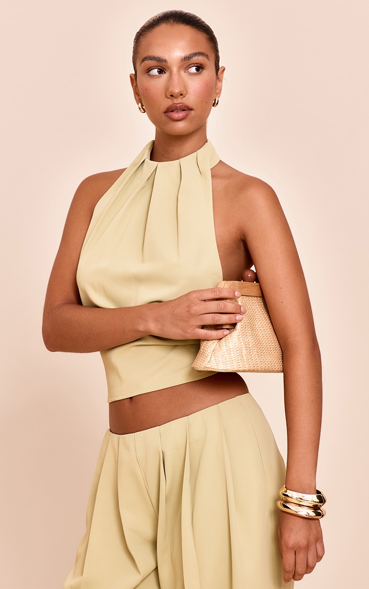 Sage Woven Pleated High Neck Long Top image 4
