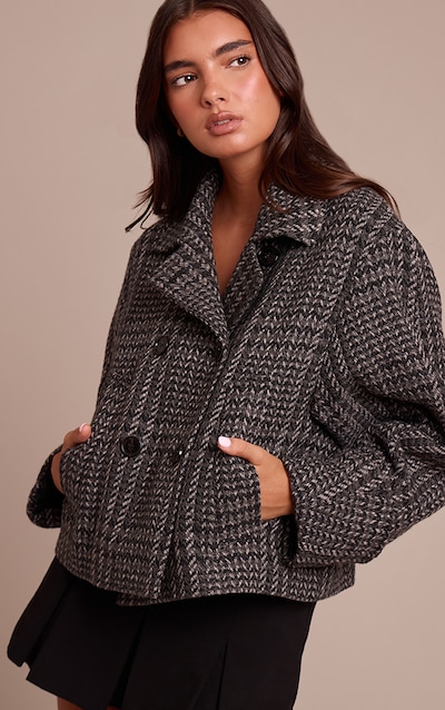 Charcoal Herringbone Double Breasted Wool Look Coat