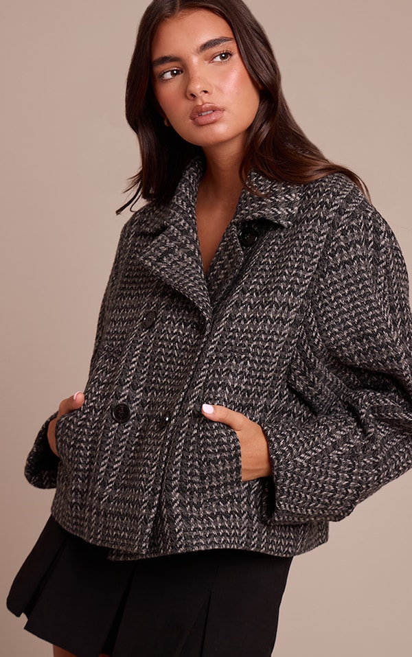 Charcoal Herringbone Double Breasted Wool Look Coat