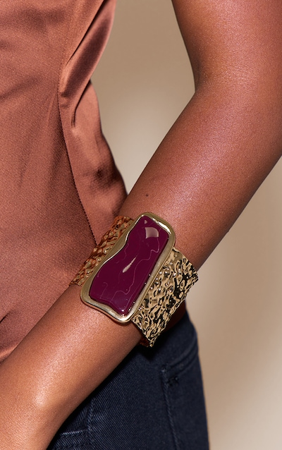 Bracelet manchette prune avec pierre en résine