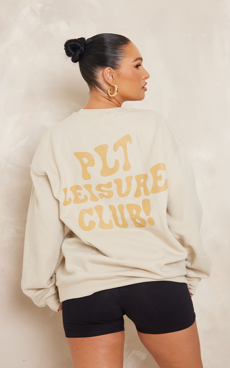 PRETTYLITTLETHING Stone Leisure Club Front And Back Print Sweatshirt image 2
