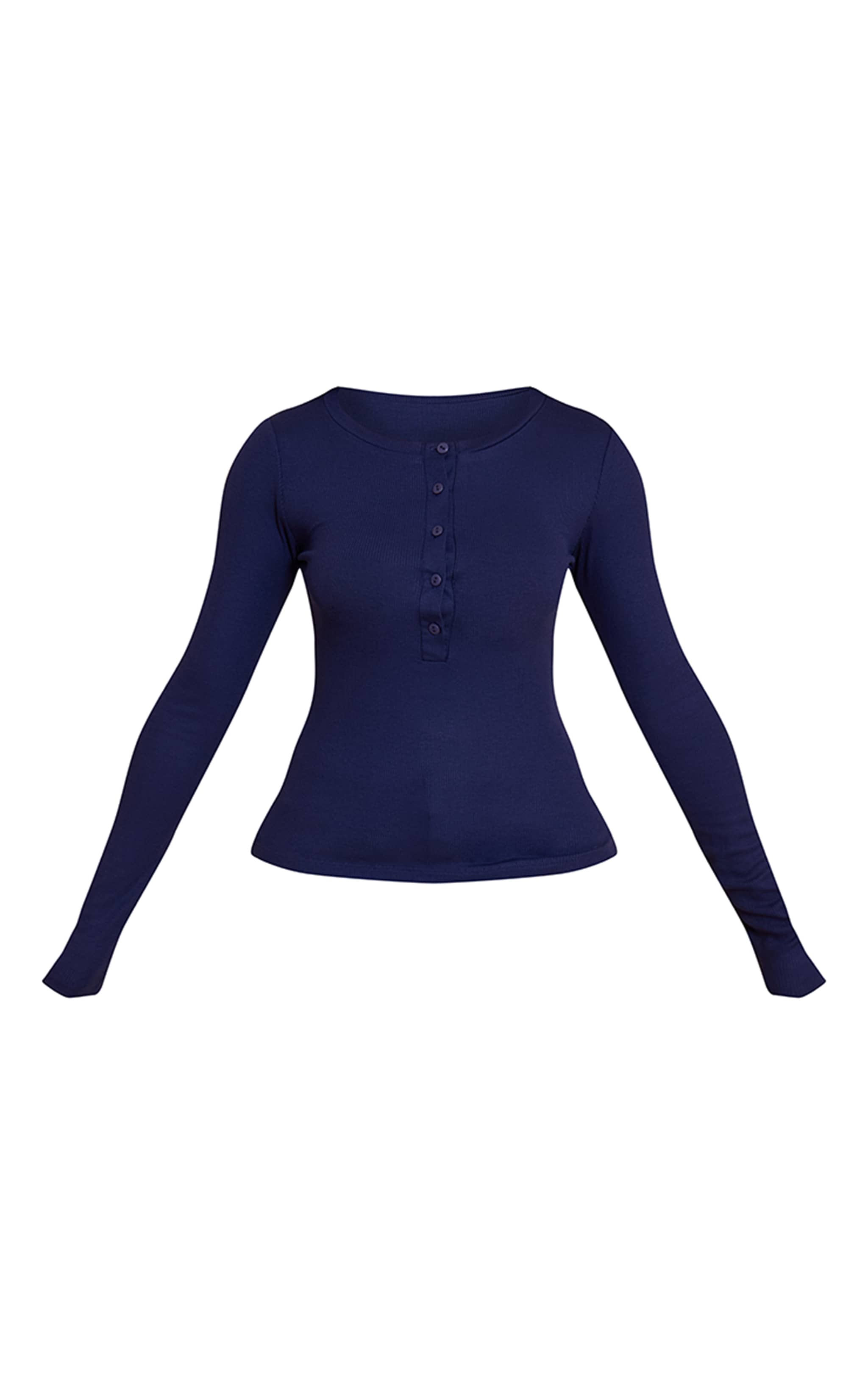 Petite Dark Indigo Soft Rib Button Up Fitted Long Sleeve Top image 5