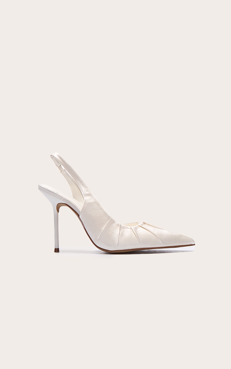 Ivory Satin Point Toe Ruched Sling Back High Stiletto Heeled Courts image 1
