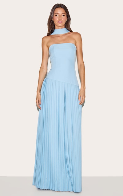 Robe longue tissée bleu pâle plissée à taille asymétrique